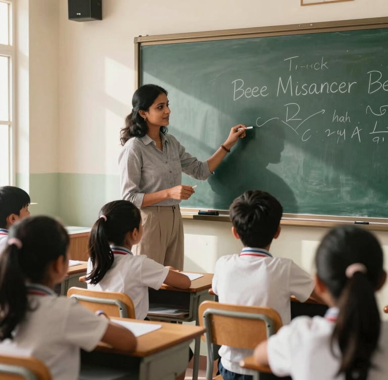 A bright, sunlit classroom in Bhubaneswar with a teacher at eye level helping a child use a smartboard, warm natural lighting, child-centric focus.