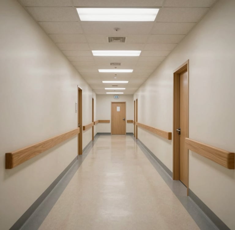Stark architectural shot of an empty, cold nursing home corridor with harsh overhead fluorescent lighting and sterile linoleum floors.
