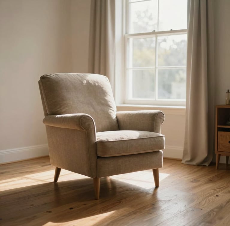 Wide environmental shot of a warm, sun-drenched living room, a comfortable empty armchair by a window, soft morning light illuminating wooden floorboards, no people.