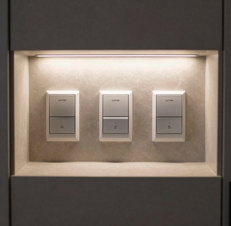 Straight-on architectural shot of a luxury custom home interior with flush-mounted Lutron keypads and clean mud-in LED channels, warm directional lighting