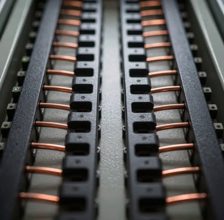 Symmetrical straight-on macro shot of a meticulously dressed electrical panel, perfectly parallel copper wires routed along matte black channels, clean industrial organization, dramatic side lighting highlighting metallic textures.