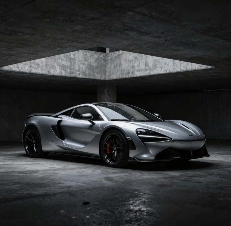 Sleek modern sports car parked in a dark architectural concrete garage, dramatic low-key spotlight highlighting silver metallic contours, deep shadows, 35mm lens