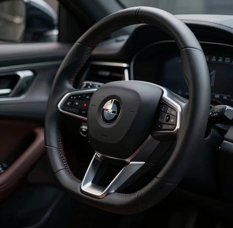 Sleek automotive design detail, close-up of a luxury steering wheel and dashboard in low-key dramatic lighting, deep shadows, silver accents, 35mm lens
