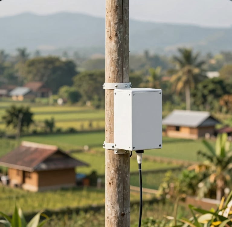 Bright commercial photography of a neat fiber-optic installation on a wooden utility pole, green Luwu village landscape in the background, warm natural daylight, 35mm.
