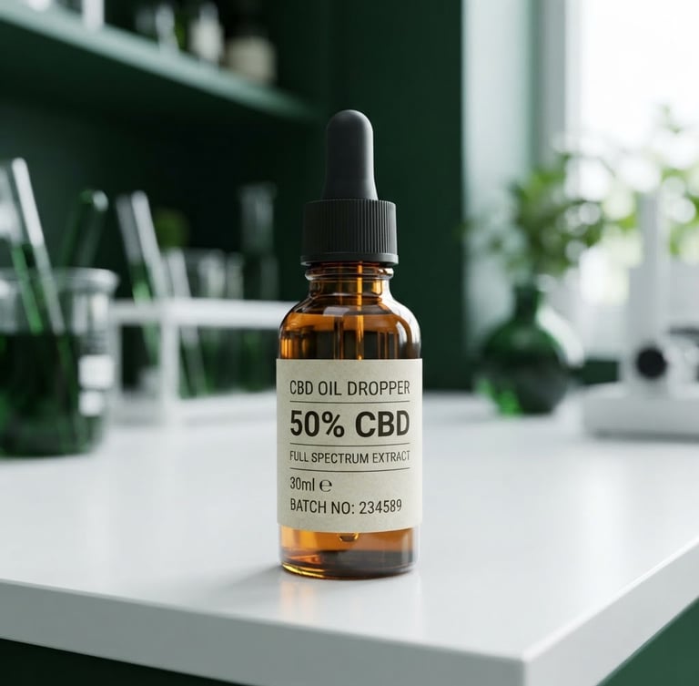 Close-up of an amber glass CBD oil dropper bottle on a clean white laboratory surface, bright natural daylight, sharp focus on the label showing '50% CBD' and a batch number. Deep forest green accents in the background.