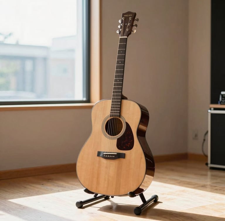 Bright editorial photography of a sun-drenched recording studio live room, natural wood acoustic guitar resting on a stand, warm natural daylight streaming through a large window, 35mm lens