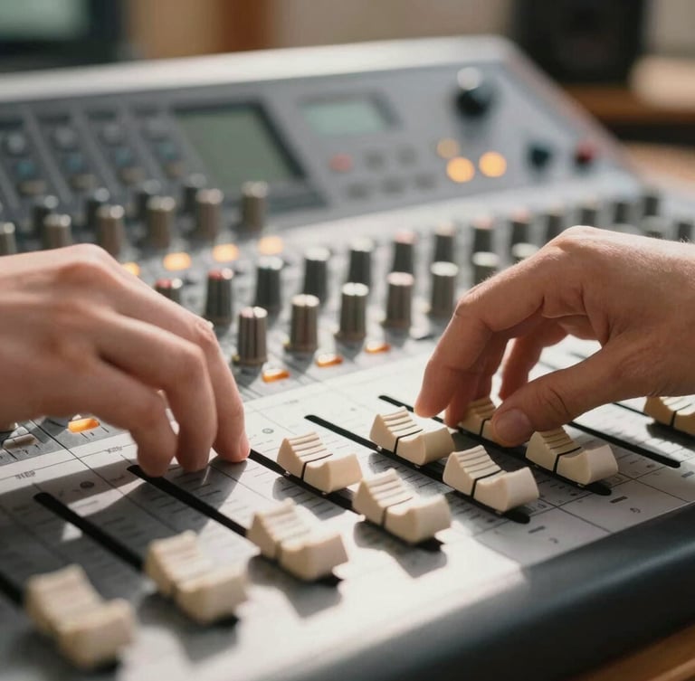 Close-up detail of hands adjusting a premium analog mixing console fader, warm amber indicator lights glowing softly, bright natural studio lighting, 35mm lens