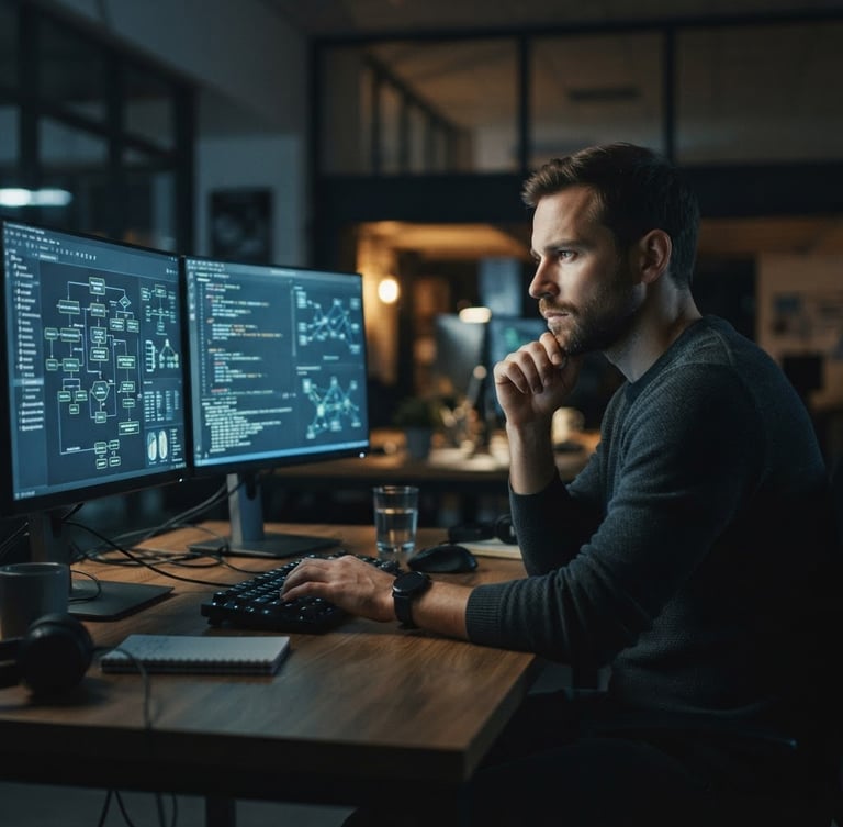 Cinematic low-key office shot, professional concentrating in front of dual monitors displaying complex system architecture, cool slate and amber ambient tones, shallow depth of field, 35mm.