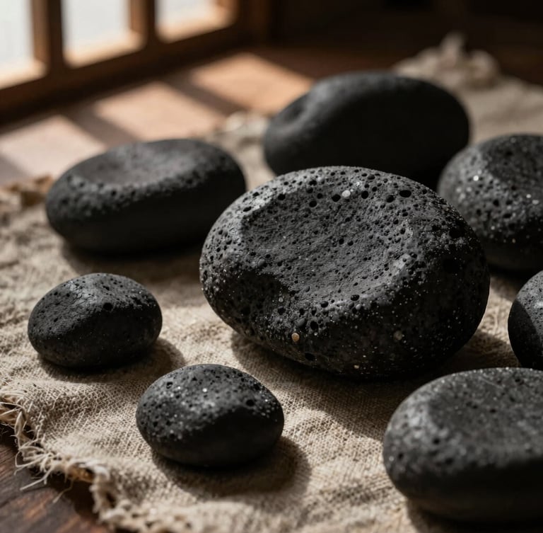 Low-key, dramatic close-up of dark basalt stones resting on textured unbleached cotton linen, warm light filtering through timber screens, deep shadows.