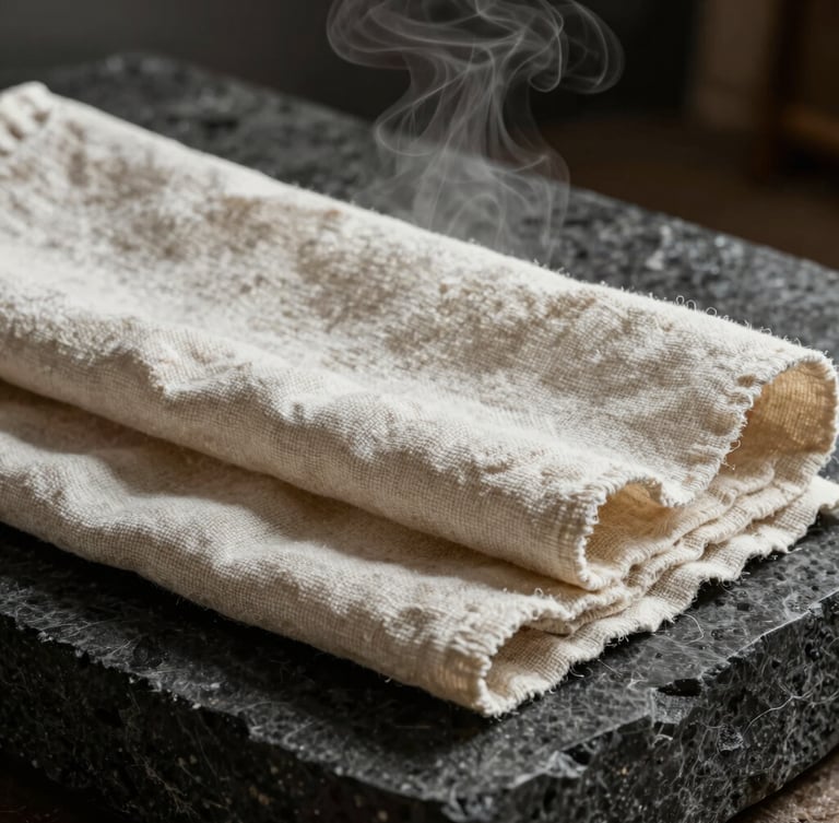 Extreme close-up of heavy textured unbleached cotton linens resting on dark basalt stone, steam rising gently in a dimly lit room with dramatic shadows.