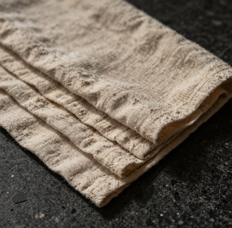 Tactile close-up of heavy textured unbleached cotton linens resting on a dark basalt surface, warm low-key light casting deep shadows.