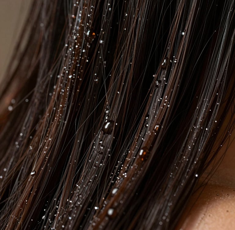 Extreme close-up of dark, lustrous hair strands gliding through warm water, low-key dramatic lighting with deep shadows, tactile water droplets, high-fashion editorial crop.
