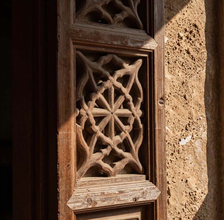Extreme close-up of light filtering through a carved wooden screen onto a raw stone wall, deep shadows, warm sand tones, architectural detail of a quiet sanctuary.
