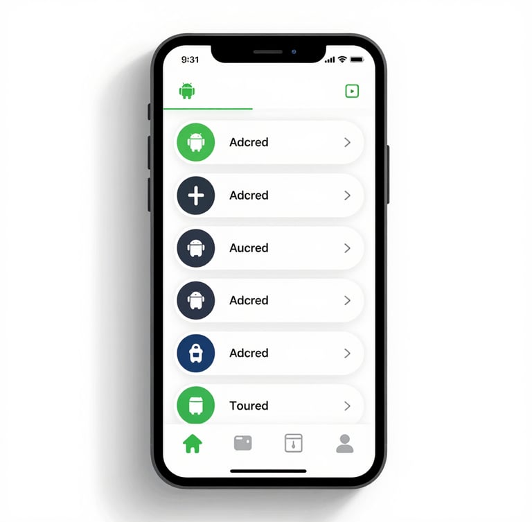 High-fidelity vector UI mockup of an Android application on a clean device screen, displaying structured layouts and large touch targets, bright studio lighting