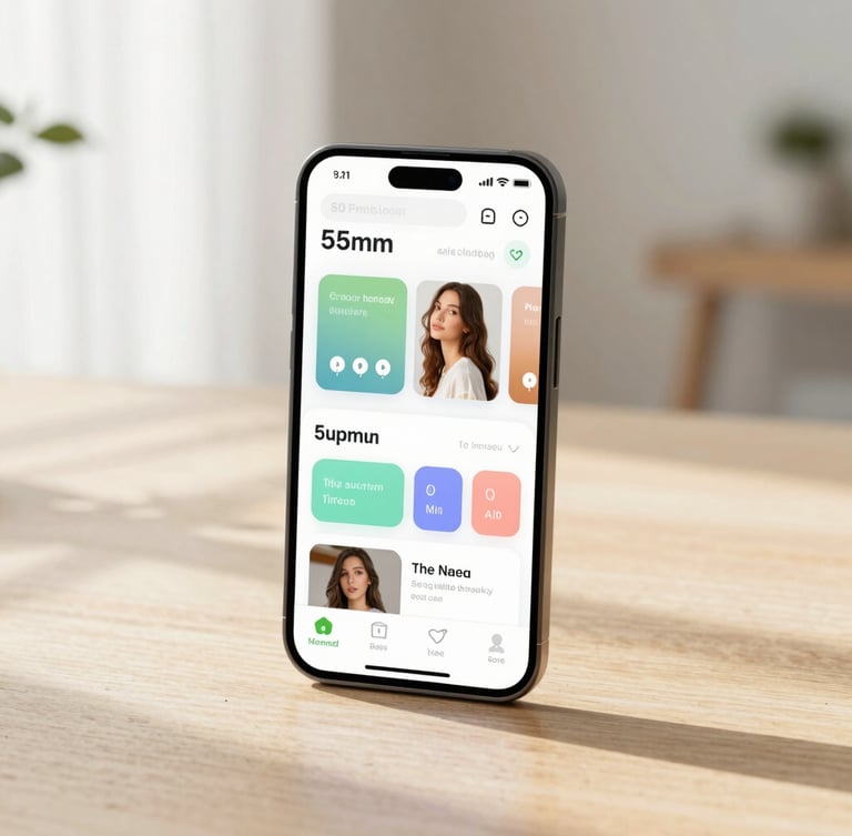 A high-fidelity modern Android device mockup displaying a clean, vibrant lifestyle application interface on a bright, minimalist wooden table under soft, natural morning light, 50mm lens.