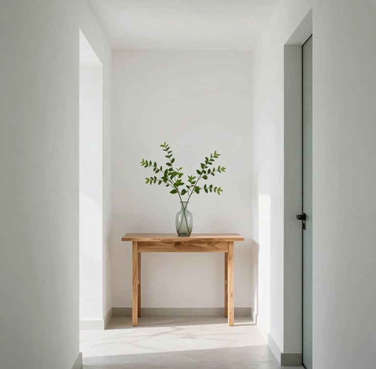 A bright, airy hallway with clean architectural lines, a simple wooden console table holding a vase of fresh green leaves, soft natural daylight, 35mm editorial photography