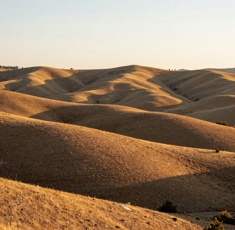Wide environmental shot of the sweeping Boise foothills at golden hour, warm natural light illuminating the rolling hills, clean composition, shallow depth of field, 35mm.