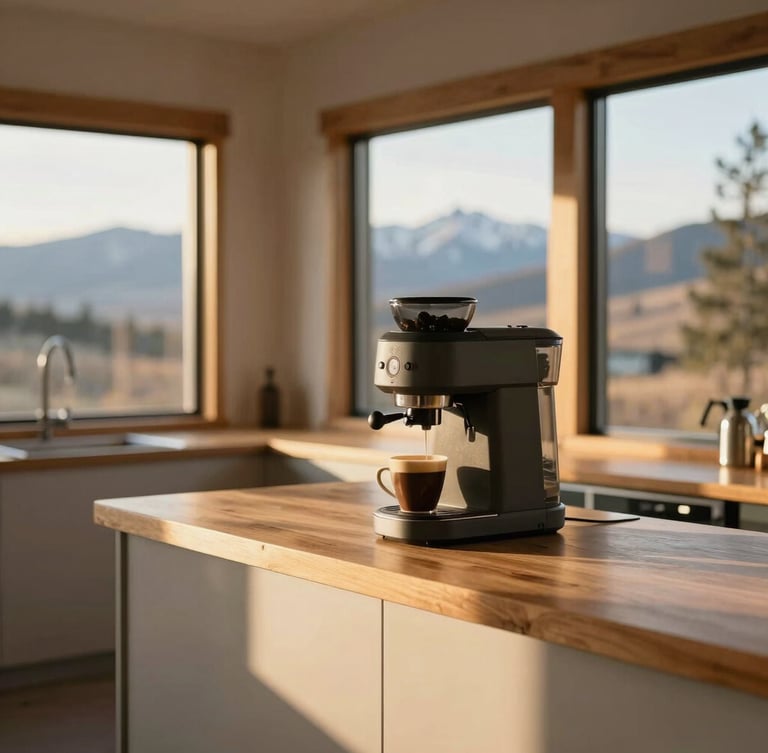 Sun-drenched interior of a modern Boise mountain home, clean wooden countertops, local coffee setup with golden-hour window light, shallow depth of field
