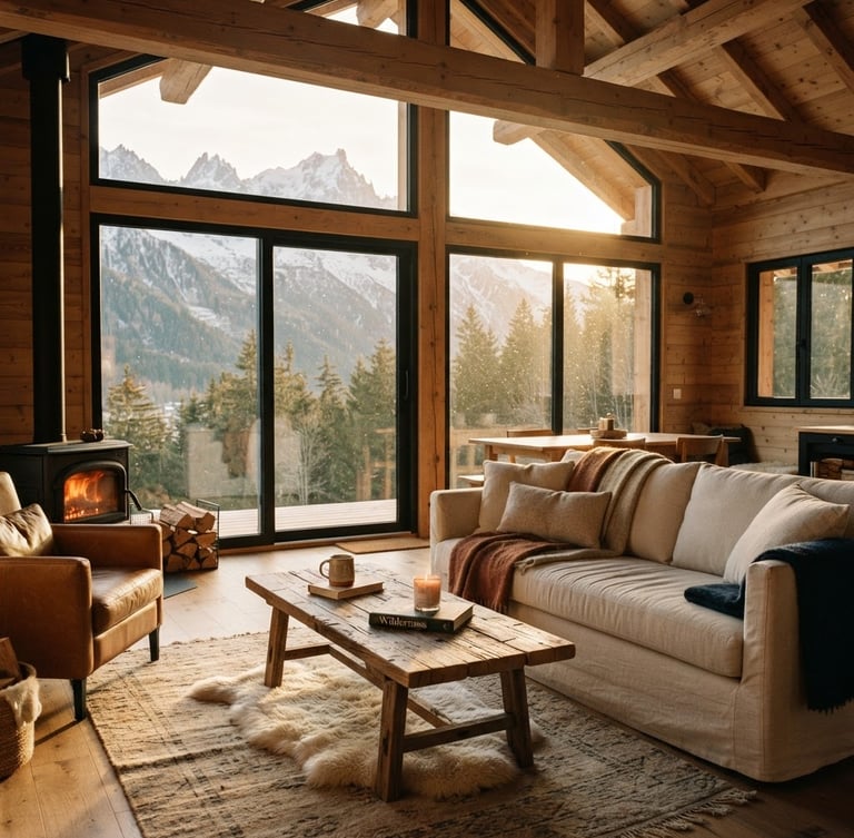 Warm editorial photography of a sun-drenched modern mountain cabin interior, golden-hour natural light spilling through large windows, soft mountain tones, clean composition, 35mm.