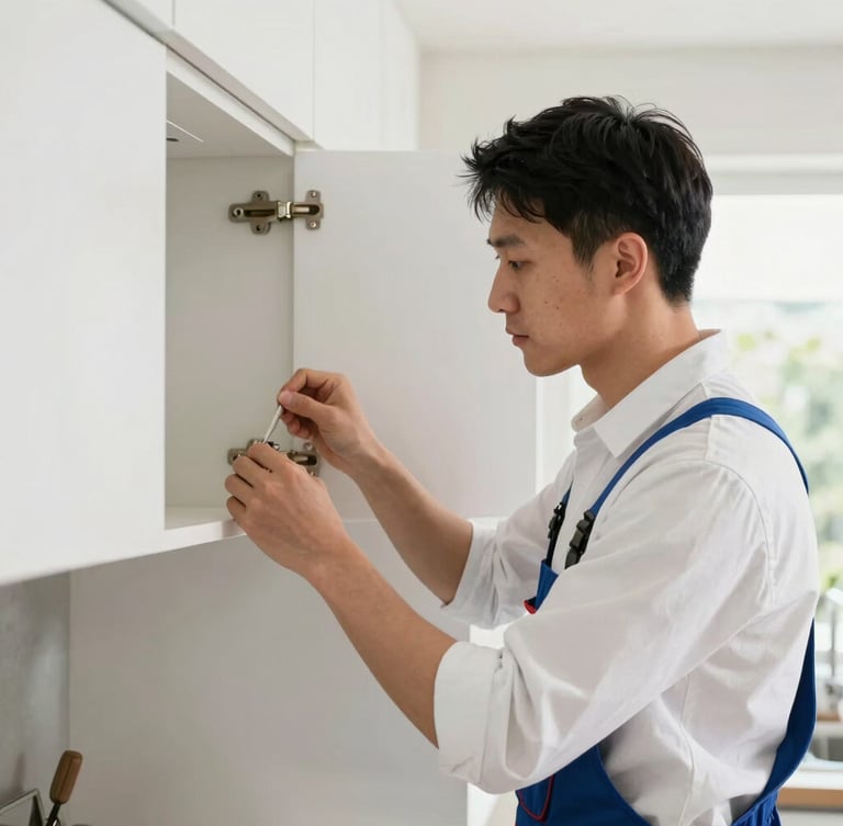 A professional handyman in a clean work shirt adjusting a cabinet hinge in a bright, modern kitchen, close-up shot, natural residential daylight.