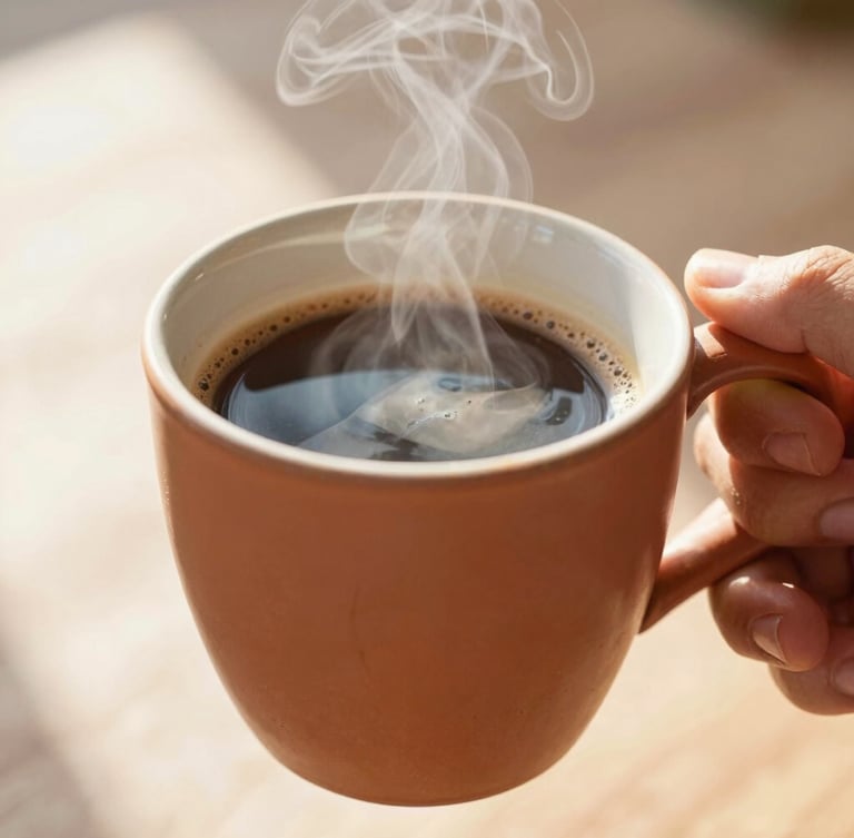 Close-up of a hand holding a steaming terracotta mug filled with coffee, bright morning sunlight, warm editorial photography, 35mm lens