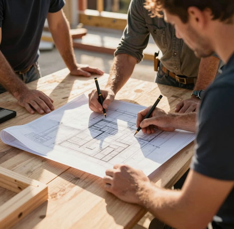 Behind-the-scenes photo of an organized construction crew drafting plans on-site, warm natural daylight, high-contrast details of timber blueprints and architectural layouts, professional atmosphere