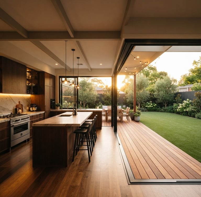 Wide architectural angle of a completed kitchen opening onto a custom timber deck and perfectly laid artificial turf, warm ambient interior lighting meeting bright golden-hour sunlight outside.