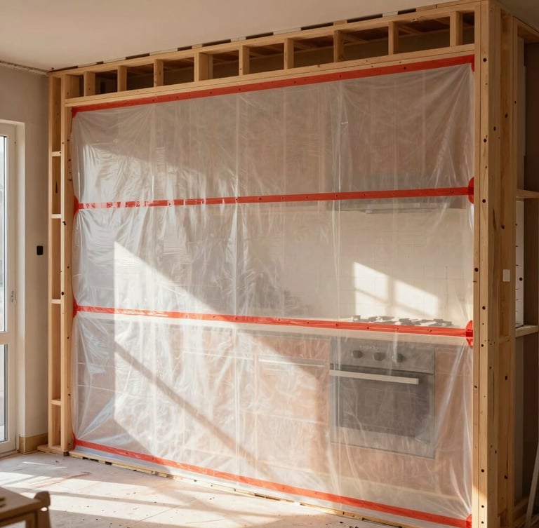 Warm editorial architectural photography of a clean, organized kitchen renovation job site mid-construction. Precise timber framing is visible behind a professional dust-barrier wall sealed with red tape, bright natural daylight pouring in.
