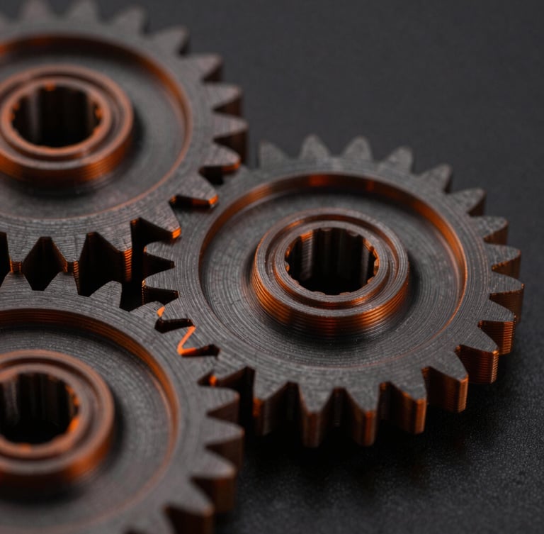 Macro close-up of 3D printed mechanical gears with perfect orange layer lines, dark obsidian background, dramatic low-key lighting.