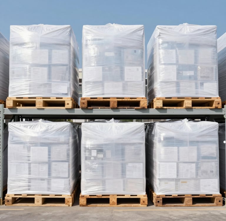 Straight-on eye-level shot of neatly organized warehouse shelves with shrink-wrapped pallets of goods under bright, clear daylight, sharp focus, 35mm