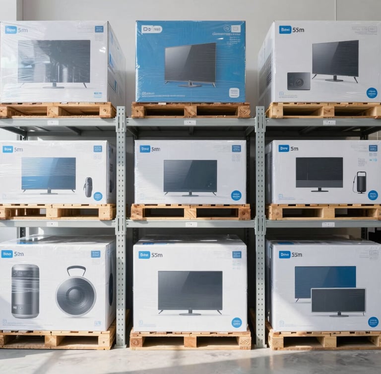 Straight-on eye-level shot of neatly organized warehouse shelves with shrink-wrapped pallets of electronics and home goods, bright natural warehouse daylight, crisp white and blue tones, sharp focus, 35mm