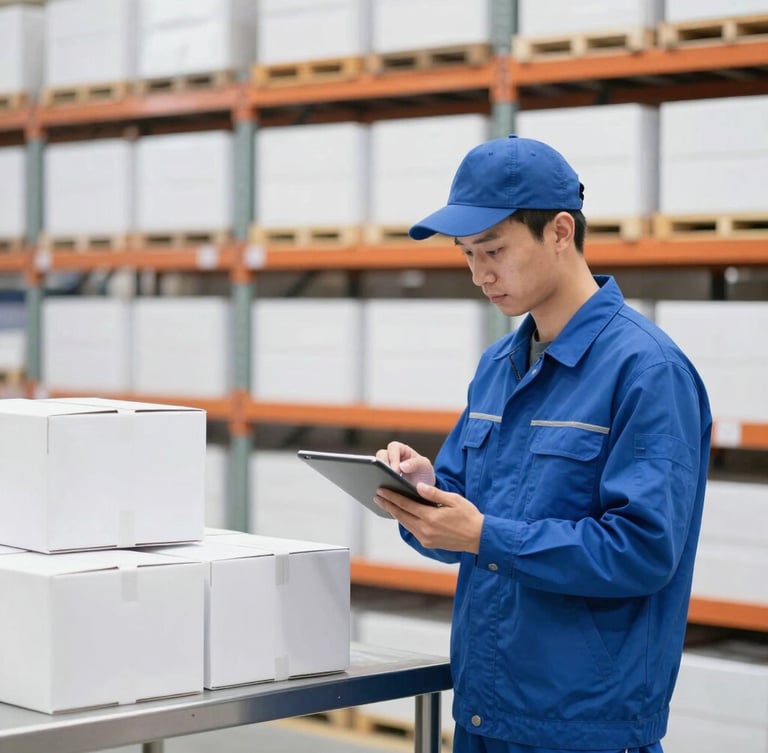 A wholesale warehouse worker in a clean blue uniform inspecting retail boxes on a metal table, checking items against a digital tablet, bright natural light, sharp focus, 35mm