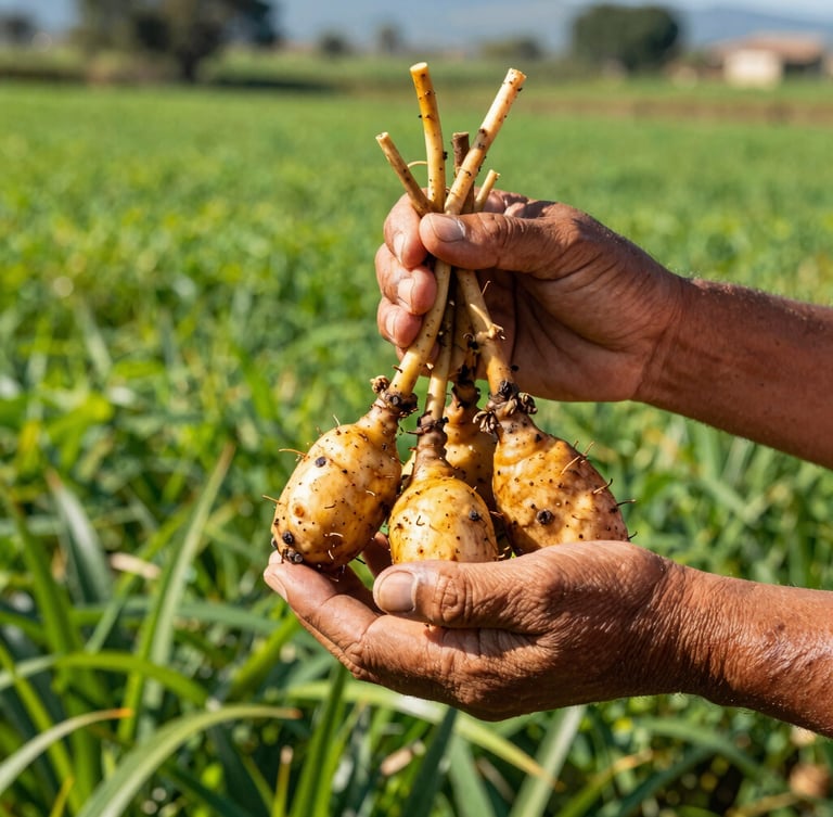 vibrant botanical photography, bright natural sunlight, rich green and golden tones, crisp details, 50mm lens. Hands of a Mexican farmer gently holding freshly harvested, clean tejocote roots in bright morning sunlight, green fields in the background.