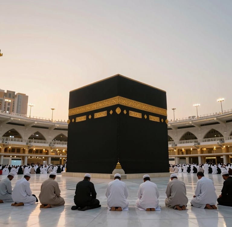 A peaceful, wide environmental shot of the Kaaba in Makkah during dawn, soft golden light illuminating the courtyard, pilgrims in prayer, 35mm lens, warm editorial photography
