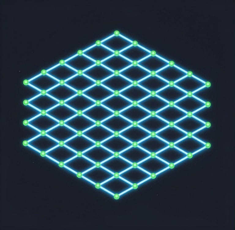 Isometric vector illustration of a glowing digital street grid, neon electric blue lines on a dark slate background, cyber green node connections, 30-degree perspective, high-contrast digital art.