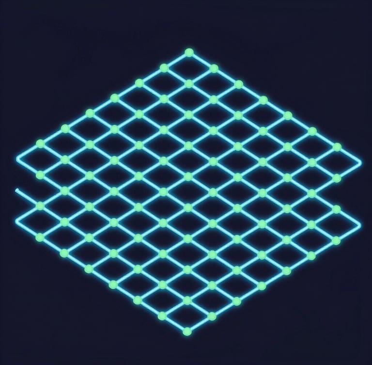 Isometric vector map of a digital street grid, glowing electric blue neon lines, cyber green nodes, dark slate background, clean 30-degree perspective geometric lines