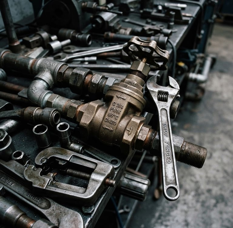 Close-up of manufactured metal tools and industrial plumbing valves with stamped tolerance marks, high-contrast workshop lighting, cool slate and copper tones, sharp detail, 35mm