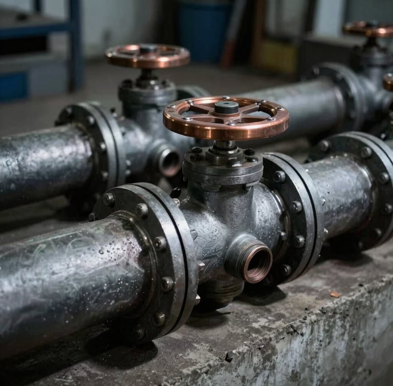 Macro detail shot of heavy-duty heating manifolds installed in concrete, high-contrast industrial light, dramatic shadows, cool workshop tones, 35mm