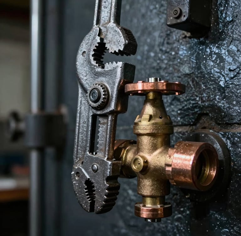 Close-up of a heavy-duty steel pipe wrench adjusting a massive brass plumbing valve, dramatic high-contrast industrial workshop lighting, cool slate tones with warm copper highlights, 35mm.