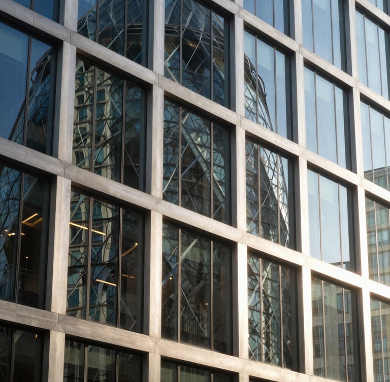 Crisp architectural photography of a modern financial center facade in London, sharp geometric steel and glass lines reflecting bright natural daylight, cool blue and warm champagne highlights, 35mm lens, sharp focus