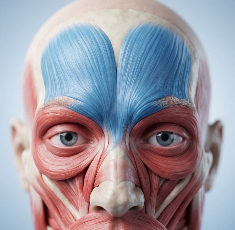 High-resolution 3D anatomical render of the human face, highlighting the frontalis muscle in blue, crisp clinical studio light, sterile blue and white tones, macro depth of field, high-detail scientific visualization