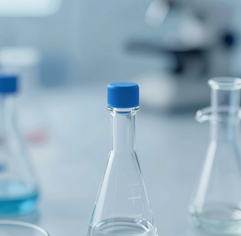 macro close-up of sterile laboratory equipment, clinical blue and white tones, high-detail scientific visualization, shallow depth of field