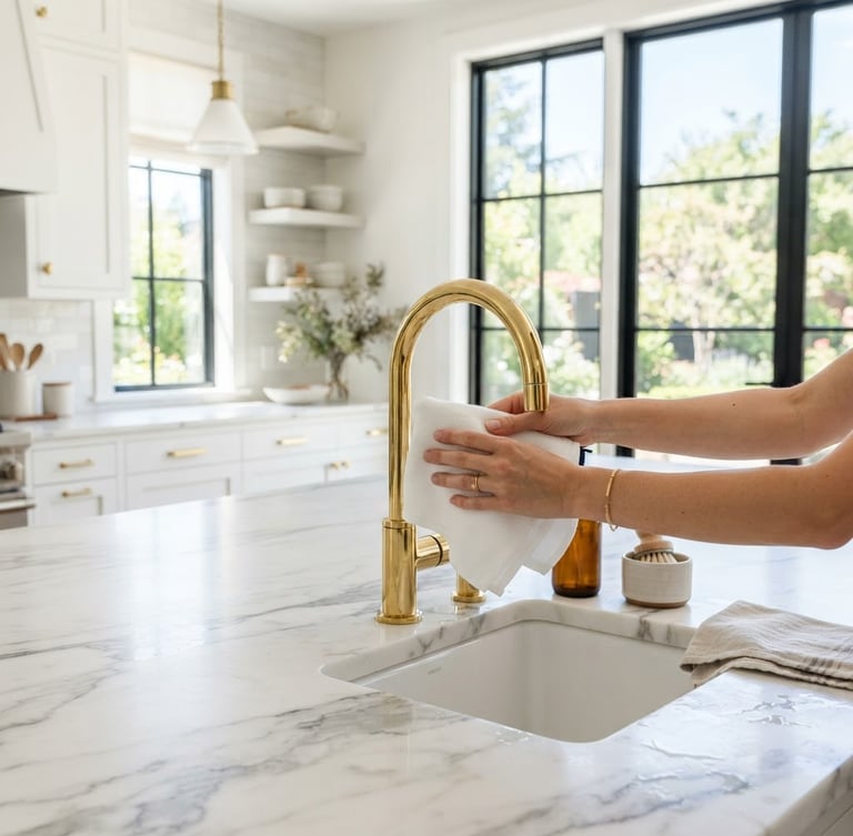 Bright sunlit modern kitchen with pristine white marble countertops, sharp reflections, professional hands wiping down high-end brass fixtures, high-key natural daylight, architectural digest style