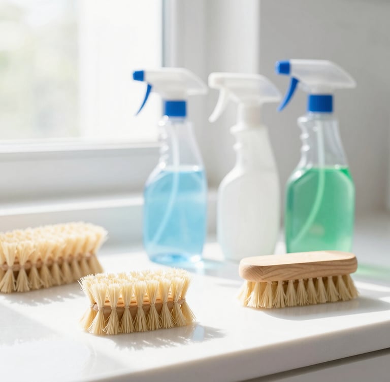 Macro shot of clean modern cleaning tools, wooden brushes, neat spray bottles on a pristine white countertop, high-key natural morning light