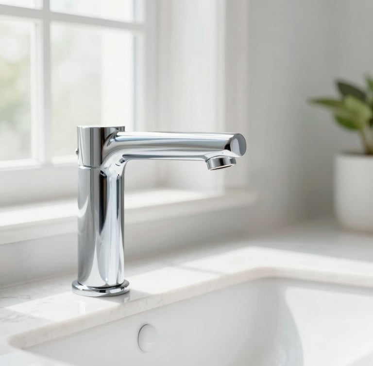 Close-up macro shot of a sparkling polished chrome faucet in a bright sunlit bathroom, clean white marble countertop, high-key natural morning light, 35mm