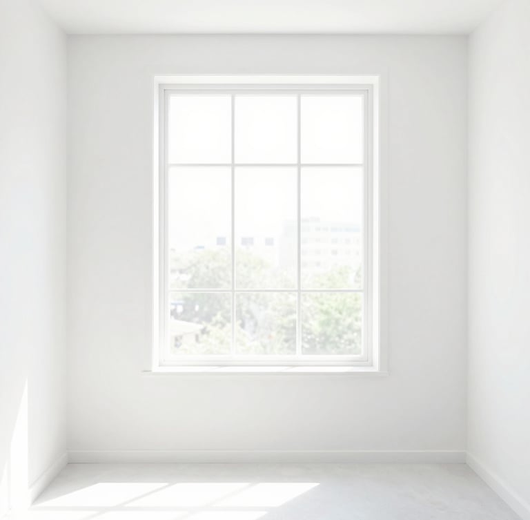 Bright high-key interior photography of a clean modern living room, natural morning window light, crisp clean white walls, 35mm