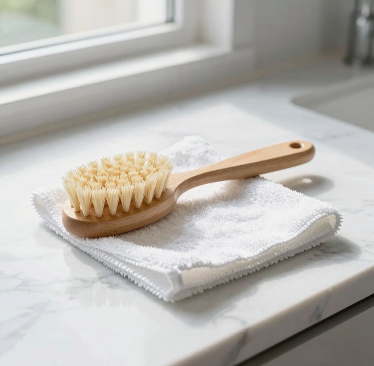 A neat wooden cleaning brush and a white microfiber cloth resting on a polished marble countertop, high-key morning light, 35mm