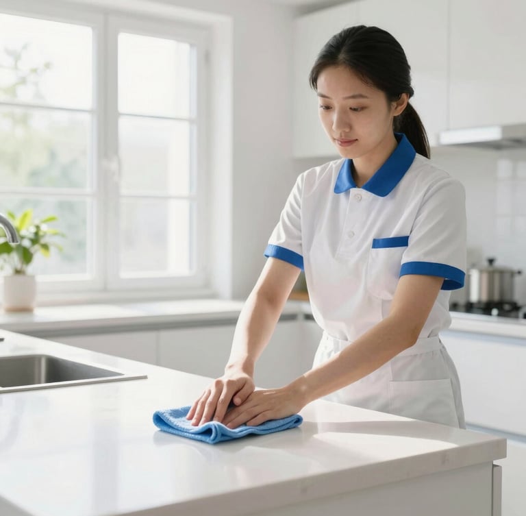 A professional cleaner in a neat uniform using a microfiber cloth to clean a bright, high-key modern kitchen counter, natural morning light