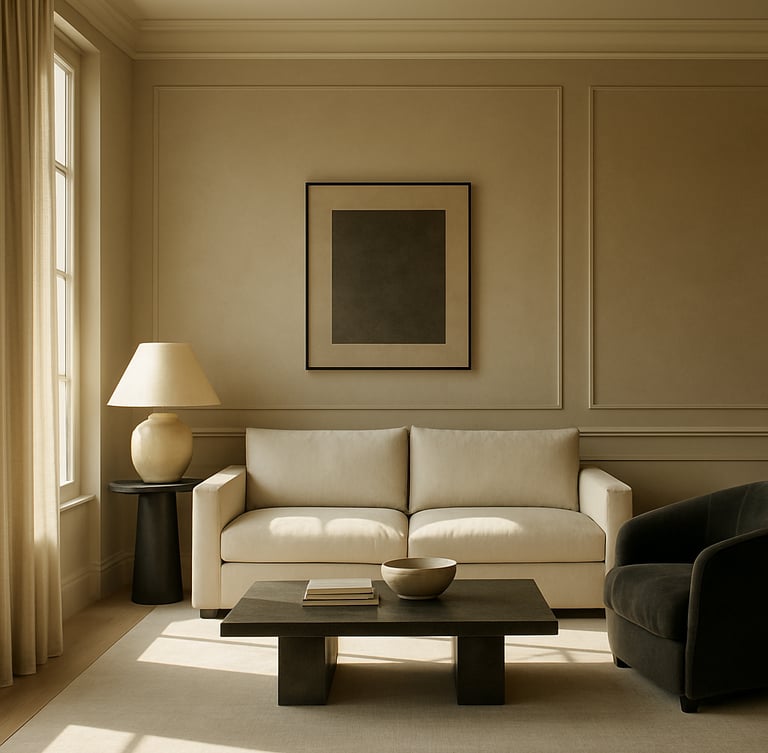 Straight-on architectural elevation of a sun-drenched luxury living room, soft natural morning light casting gentle shadows, muted beige and charcoal tones