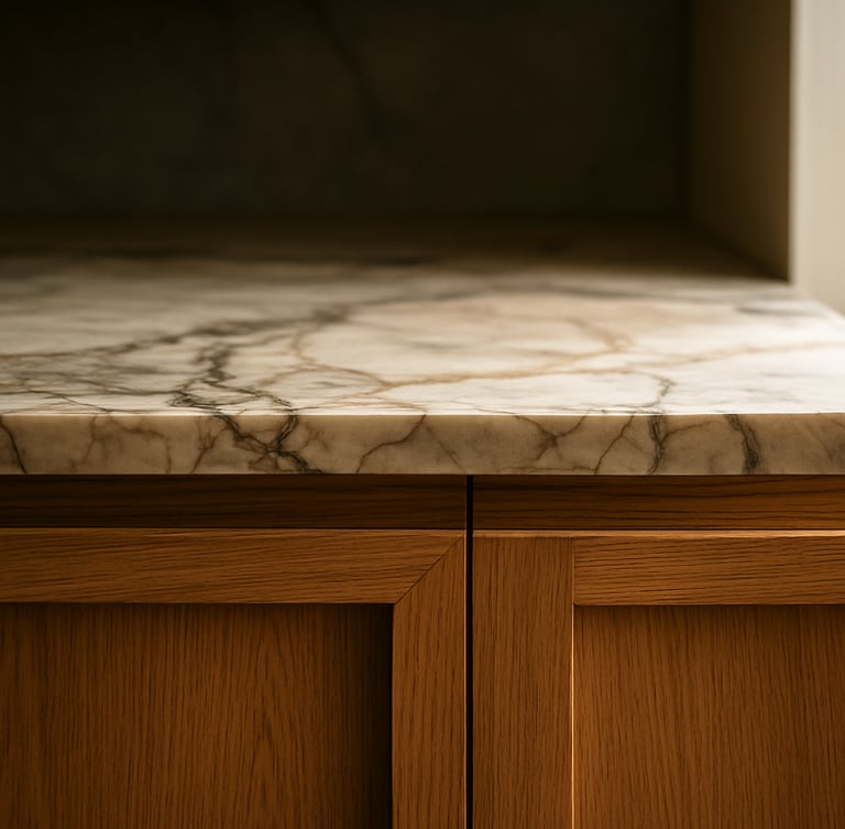 Close-up of custom oak joinery and rich marble veining in a modern kitchen, soft directional afternoon light, medium format film style